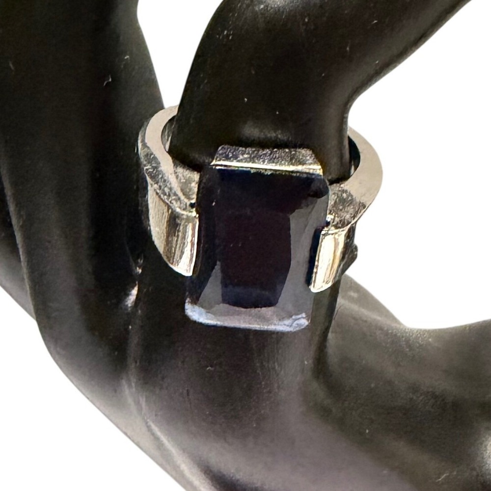 Men's Silver Tone Ring Emerald Cut Dark Gemstone Statement Ring Size 7